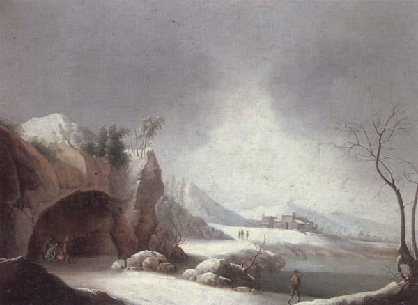unknow artist A winter landscpae with travellers gathered aroubnd a fire in a grotto,overlooding a lake,a monastery beyond oil painting image